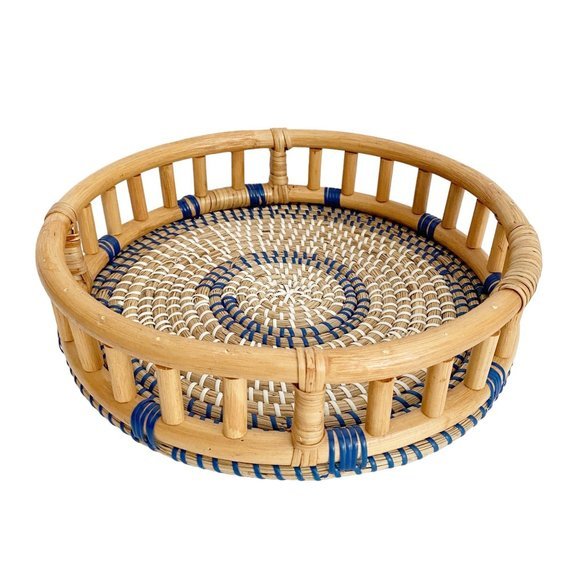 Vintage Other - Seagrass Woven Wicker Rattan Round Blue & White Serving Tray Boho Decor